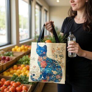 Fujian Floral Blue Cat Print Polyester Tote Bag, NWOT